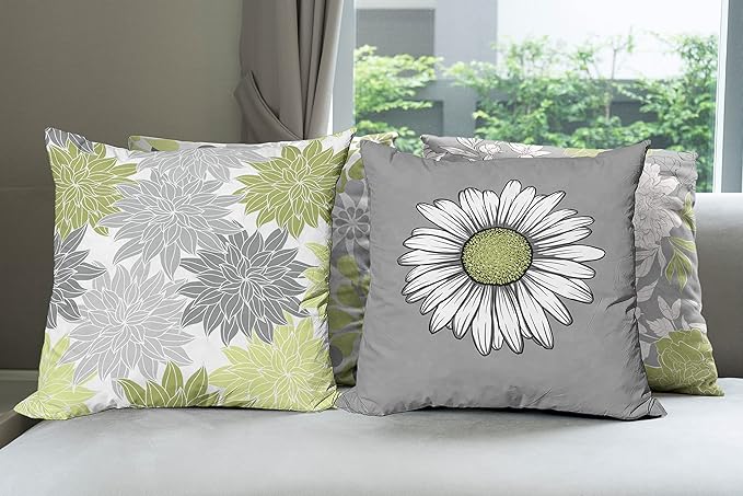 Ambesonne Floral Throw Pillow Cushion Case Pack of 4, Flower Petals Color Palette Chamomile Peony Dahlia and Sunflower, Accent Double-Sided Digital Printing, 16", Grey Pastel Green