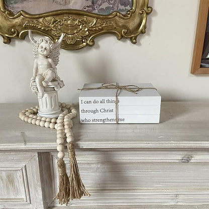 Decorative Books for Home Decor, White Faux Books for Decoration, Rustic Farmhouse Stacked Books with 52in Wood Bead Garland for Coffee Table Mantle Fireplace (I can do All Things Through Christ)
