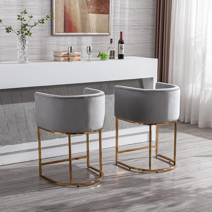 Modern Counter Height Velvet Upholstered Bar Stools Set of 3, 24" Kitchen Counter Island Stools Bar Chairs with Gold Metal Frame for Kitchen Island, Gray