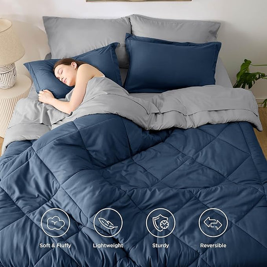 Bedsure Full Size Comforter Set - 7 Pieces Reversible Navy Bedding, Full Size Bed Set for All Seasons, Bed in a Bag with Down Alternative Comforter, Sheets, Pillowcases & Shams