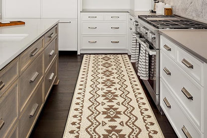 Custom Length Cut to Size Tribal Ethnic Southwestern Inspired Hallway Runner Rug, Non Slip Rubber Backed, 31 inch Wide X Customized Length, Aztec Beige, 31 inch X 16 feet