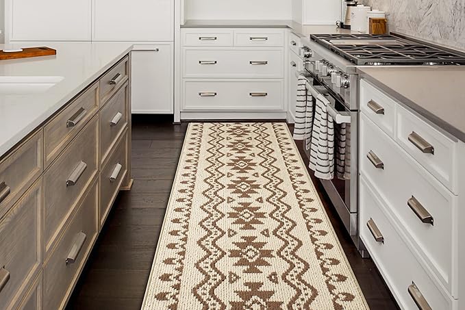 Custom Length Cut to Size Tribal Ethnic Southwestern Inspired Hallway Runner Rug, Non Slip Rubber Backed, 31 inch Wide X Customized Length, Aztec Beige, 31 inch X 24 feet