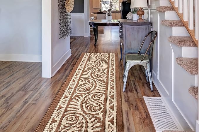 Custom Length Cut to Size Tribal Ethnic Southwestern Inspired Hallway Runner Rug, Non Slip Rubber Backed, 31 inch Wide X Customized Length, Mayan Brown, 31 inch X 4 feet, Doormat Size