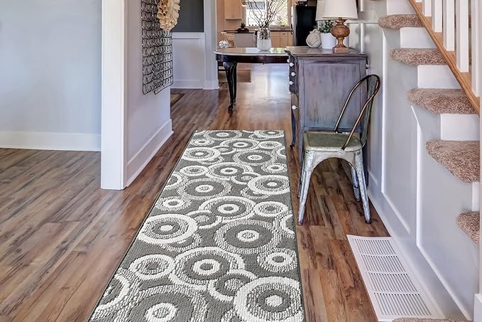 Custom Length Cut to Size Retro Modern Geometric Carpet Runner Rug for Hallways, Non Slip Rubber Backed, 31 inch Wide X Customized Length, Geo Grey, 31 inch X 12 feet