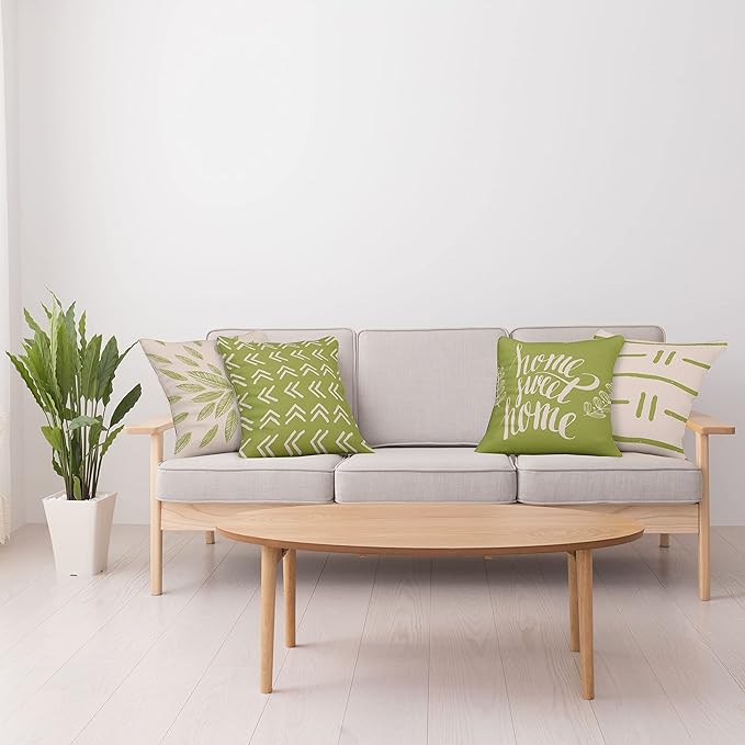 Ambesonne Modern Throw Pillow Cushion Case Pack of 4, Scandinavian Minimal Ornaments Boho Feather Leaves and Home Phrase, Modern Accent Double-Sided Digital Printing, 24", Pale Tan and Pistachio Green