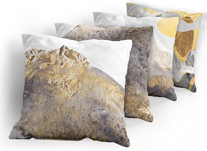 Ambesonne Marble Print Throw Pillow Cushion Case Pack of 4, Modern Art Design Paintbrush Stains Look with Mountains and Sun, Modern Accent Double-Sided Digital Printing, 16", Mustard and Taupe Grey