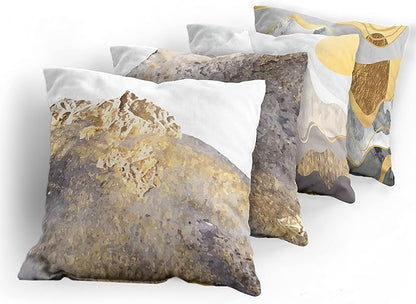Ambesonne Marble Print Throw Pillow Cushion Case Pack of 4, Modern Art Design Paintbrush Stains Look with Mountains and Sun, Modern Accent Double-Sided Digital Printing, 16", Mustard and Taupe Grey