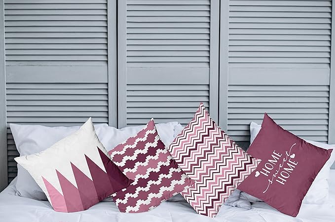 Ambesonne Modern Throw Pillow Cushion Case Pack of 4, Geometric Style Pattern of Triangles Zigzags Love Home Phrase Print, Modern Accent Double-Sided Digital Printing, 16", Dried Rose and Pale Pink