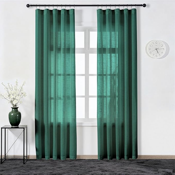 Emerald Green Curtains Semi Sheer 96 Inches Long, Dark Linen Textured Light Filtering Drapes for Living Room Dining, Hunter Green Window Decor, Pinch Pleat Curtain with Hooks