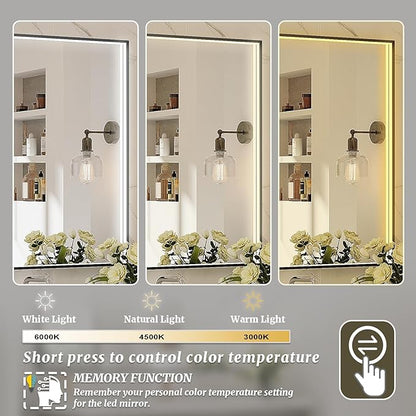 48x28 Inch LED Bathroom Mirror, Black Metal Framed Lighted Mirror for Bathroom, Wall Mouted LED Vanity Mirror with Lights, 3 Colors and Stepless Dimmable, Anti-Fog, Memory