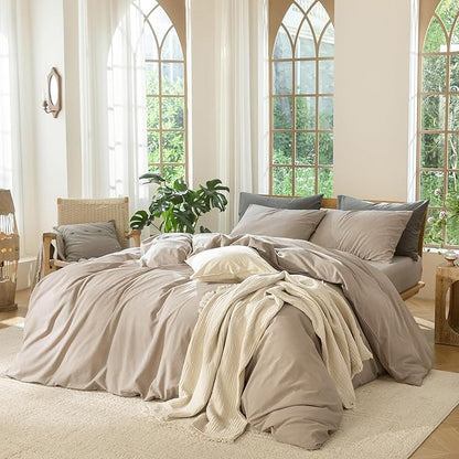 MooMee Bedding Duvet Cover Set 100% Washed Cotton Linen Like Textured Breathable Durable Soft Comfy (Heathered Taupe, Palatial King/Oversized King 120"x98")