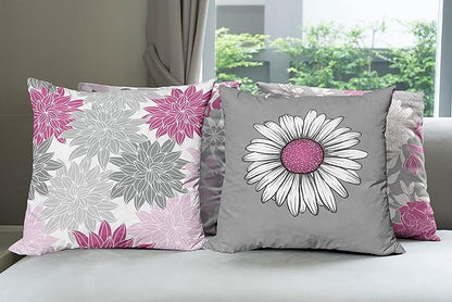 Ambesonne Floral Throw Pillow Cushion Case Pack of 4, Flower Petals Modern Color Palette Chamomile Peony Dahlia and Sunflower Print, Modern Accent Double-Sided Digital Printing, 18", Pink and Grey