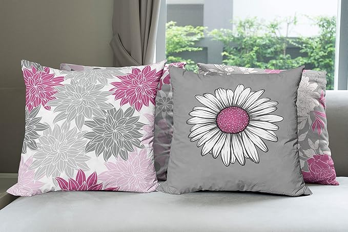 Ambesonne Floral Throw Pillow Cushion Case Pack of 4, Flower Petals Modern Color Palette Chamomile Peony Dahlia and Sunflower Print, Modern Accent Double-Sided Digital Printing, 20", Pink and Grey
