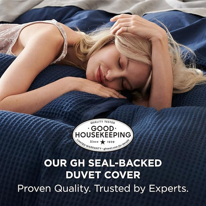 Bedsure Cotton Duvet Cover Set - 100% Cotton Waffle Weave Navy Duvet Cover Oversized King Size, GentleSoft™ and Breathable Bedding Set for All Season, 3 Pieces, 120"x98"