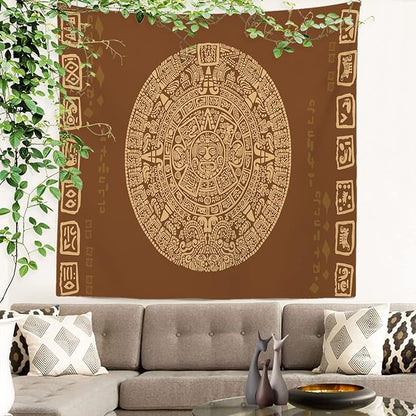 Batmerry Brown Ancient Mayan Tapestry, Calendar Wall Art Hanging Decoration Polyester Fiber White Ruffled Around for Dorm Room Bedroom Living Room, 59.1x59.1 inches