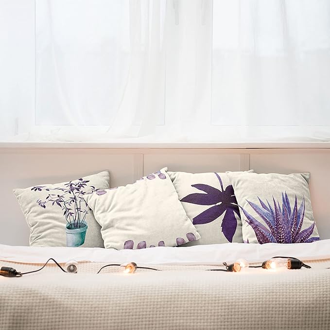 Ambesonne Botanical Throw Pillow Cushion Case Pack of 4, Minimalist Watercolor Painting Leaves Agave Branches Plant in a Pot, Modern Accent Double-Sided Digital Printing, 24", Quartz and Lavender