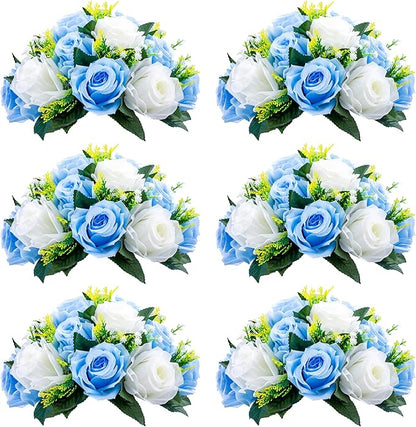 NUPTIO Pcs of 6 Fake Flower Ball Arrangement Bouquet,15 Heads Plastic Roses with Base, Suitable for Our Store's Wedding Centerpiece Flower Rack for Parties Valentine's Day Home Décor (Blue & White)