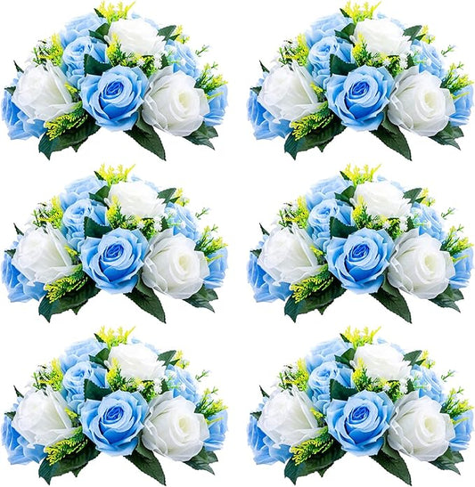NUPTIO Pcs of 6 Fake Flower Ball Arrangement Bouquet,15 Heads Plastic Roses with Base, Suitable for Our Store's Wedding Centerpiece Flower Rack for Parties Valentine's Day Home Décor (Blue & White)