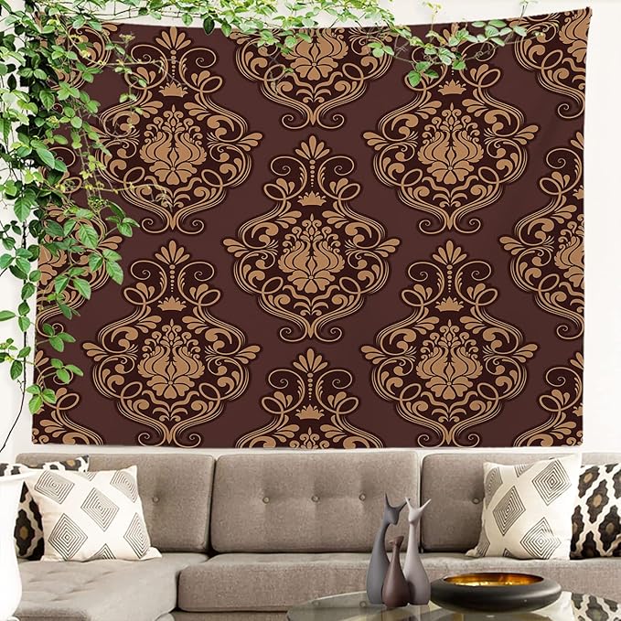 Batmerry Brown Damask Floral Tapestry, Vintage Golden Brown Damask Pattern Wall Art Hanging Decoration Polyester Fiber White Ruffled Around for Dorm Room Bedroom Living Room, 59.1x82.7 inches