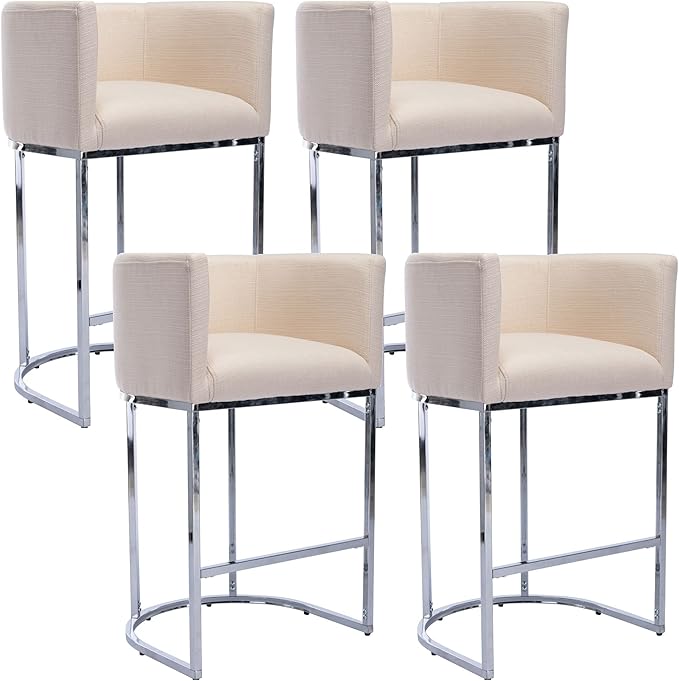 Modern Counter Height Linen Upholstered Bar Stools Set of 4, 29" Kitchen Counter Island Stools Bar Chairs with Chrome Finish Metal Frame for Kitchen Island, Cream
