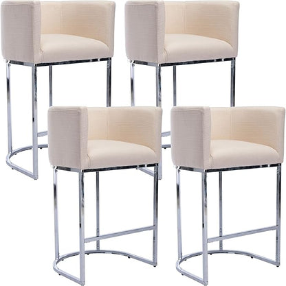 Modern Counter Height Linen Upholstered Bar Stools Set of 4, 29" Kitchen Counter Island Stools Bar Chairs with Chrome Finish Metal Frame for Kitchen Island, Cream