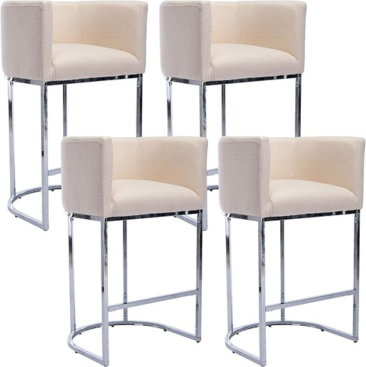 Modern Counter Height Linen Upholstered Bar Stools Set of 4, 29" Kitchen Counter Island Stools Bar Chairs with Chrome Finish Metal Frame for Kitchen Island, Cream