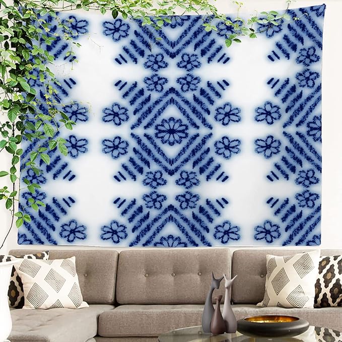 Batmerry Blue Art Flower Tapestry, Blue White Ceramic Glaze Tie Dye Wall Art Hanging Decoration Polyester Fiber White Ruffled Around for Dorm Room Bedroom Living Room, 59.1x82.7 inches