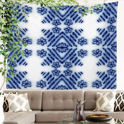 Batmerry Blue Art Flower Tapestry,Blue White Ceramic Glaze Tie Dye Wall Art Hanging Decoration Polyester Fiber White Ruffled Around for Dorm Room Bedroom Living Room, 51.2x59.1 inches