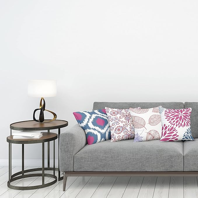 Ambesonne Vintage Throw Pillow Cushion Case Pack of 4, Bohemian Ornamental Leaves Dahlia Pattern Geometric Art Curlicue Motif, Modern Accent Double-Sided Digital Printing, 18", Pink and Dark Sky Blue