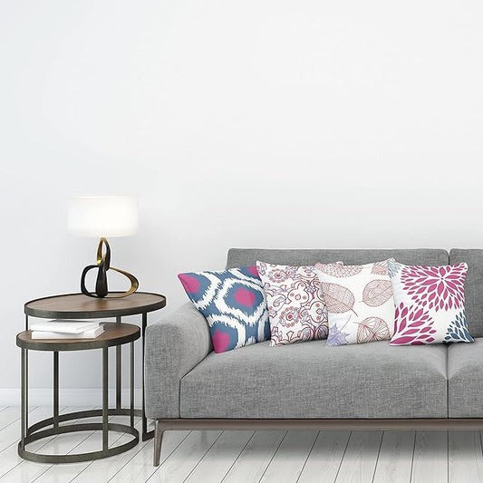 Ambesonne Vintage Throw Pillow Cushion Case Pack of 4, Bohemian Ornamental Leaves Dahlia Pattern Geometric Art Curlicue Motif, Modern Accent Double-Sided Digital Printing, 18", Pink and Dark Sky Blue