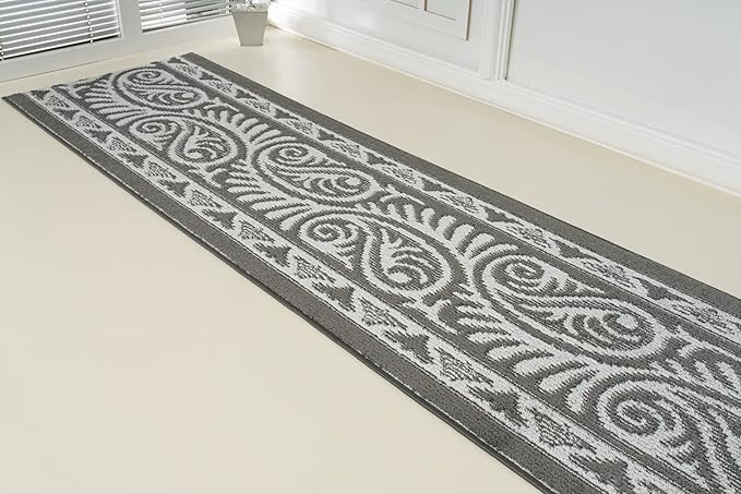 Custom Length Cut to Size Tribal Ethnic Southwestern Inspired Hallway Runner Rug, Non Slip Rubber Backed, 31 inch Wide X Customized Length, Mayan Grey, 31 inch X 7 feet
