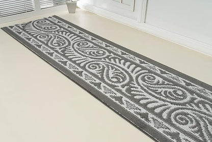 Custom Length Cut to Size Tribal Ethnic Southwestern Inspired Hallway Runner Rug, Non Slip Rubber Backed, 31 inch Wide X Customized Length, Mayan Grey, 31 inch X 8 feet