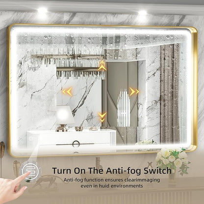 Hasipu 40×30 Inch LED Bathroom Mirror with Lights, Gold Metal Framed Bathroom Lighted Mirror for Vanity Shaving, Rectangle Wall Mounted Mirror, Anti-Fog, Dimmable, 3 Colors (Horizontal/Vertical)