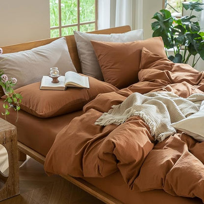 MooMee Bedding Duvet Cover Set 100% Washed Cotton Linen Like Textured Breathable Durable Soft Comfy (Solid Dark Orange, Super Queen 90"x98")