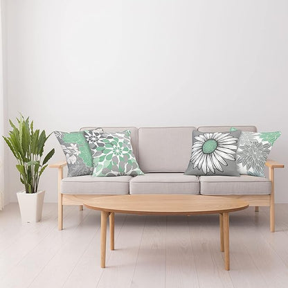 Ambesonne Floral Throw Pillow Cushion Case Pack of 4, Flower Petals Modern Color Palette Chamomile Peony Dahlia and Sunflower Print, Modern Accent Double-Sided Digital Printing, 20", Sea Green Grey
