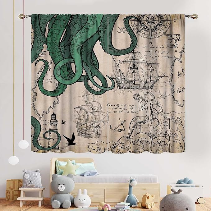 Nautical Octopus Curtains, Coastal Old Pirate Map Sailboat Compass Vintage Magic Ocean Kraken Octopus Tentacles Window Drapery Treatment for Bedroom Living Room Kitchen Bathroom 2 Panels, 55"x63" Inch