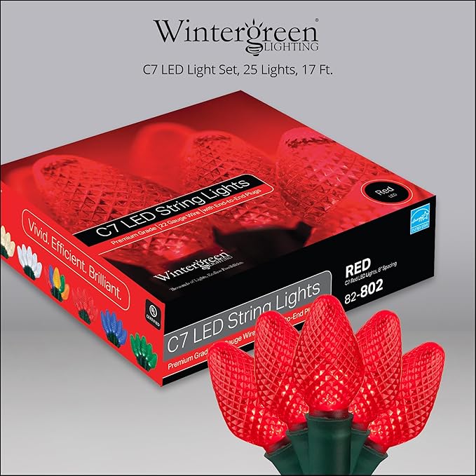 Wintergreen Lighting 25 C7 Red LED Christmas Lights, 17 Ft – Indoor Outdoor Red C7 String Lights for Christmas, Valentine’s Day, and Party Decor