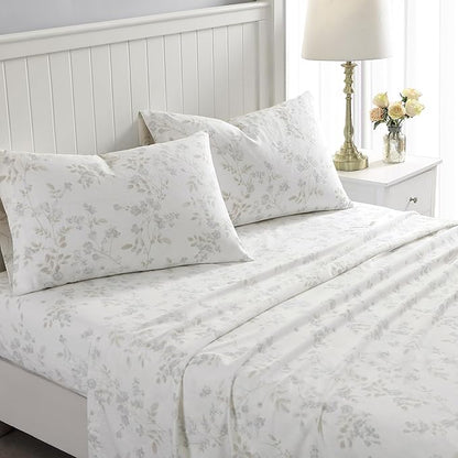 Laura Ashley - Flannel Sheets King Size, Anti-Pilling & Wrinkle Resistant Cotton, Touchably Soft for All-Season Comfort - Bed Sheets with Matching PIllowcasess & Fitted Sheet (Fawna Grey)