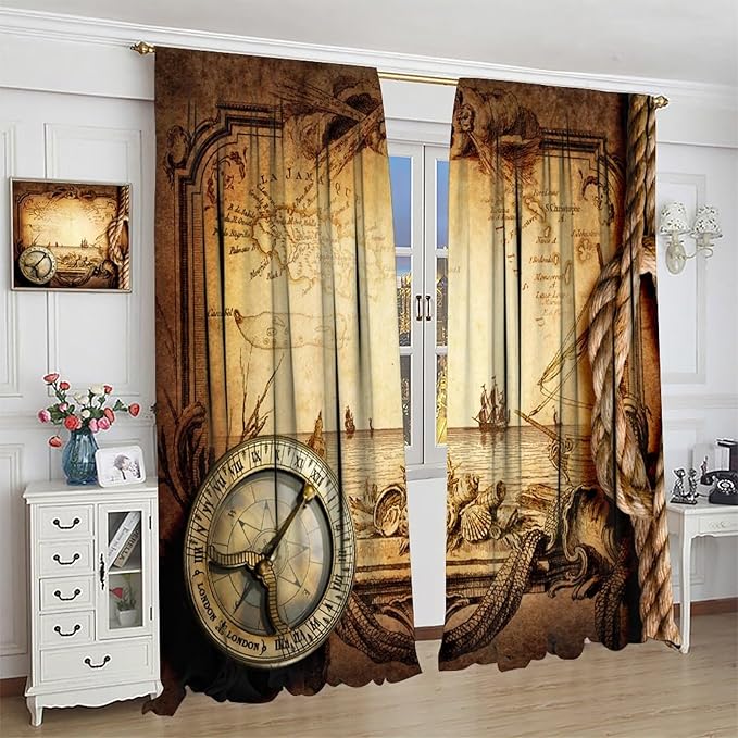 Pirate Map Curtains, Nautical Theme Old Ancient Treasure Map Secret Sea History Pattern Blackout Window Drapes for Kids Boys Bedroom Living Room 72x63in