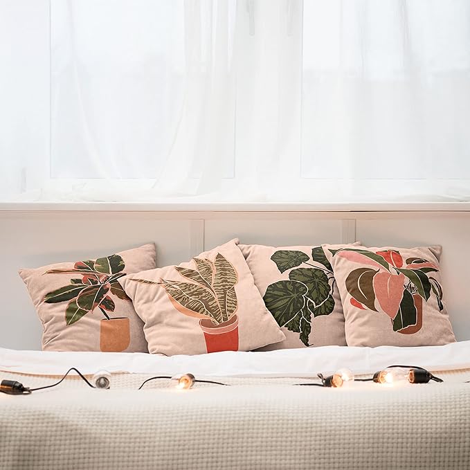 Ambesonne Botanical Throw Pillow Cushion Case Pack of 4, Digital Watercolor Effect Modern Print of House Plants Leaves Pots, Modern Accent Double-Sided Digital Printing, 24", Peach Emerald and Salmon