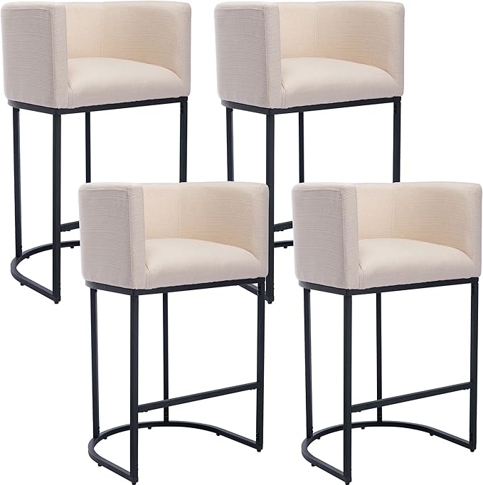 Modern Counter Height Linen Upholstered Bar Stools Set of 4, 29" Kitchen Counter Island Stools Bar Chairs with Black Metal Frame for Kitchen Island, Cream