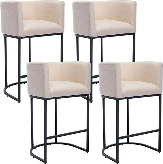 Modern Counter Height Linen Upholstered Bar Stools Set of 4, 29" Kitchen Counter Island Stools Bar Chairs with Black Metal Frame for Kitchen Island, Cream