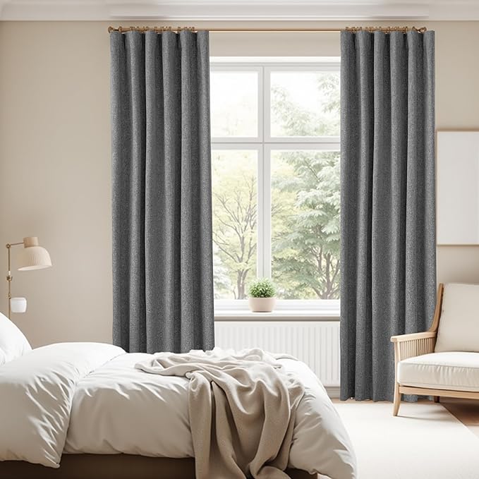 Neutral Grey Blackout Linen Curtains 84 Inch Length 2 Panels Set, Back Tab Loop Pocket Thermal Insulated Light Blocking Black Out Linen Weave Drapes for Offices Living Room 52x84 Inch, Frost Gray