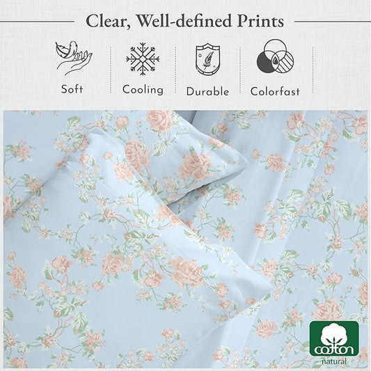 California Design Den Floral Pattern King Size Sheets Set - Luxury 400 Thread Count, Natural 100% Cotton Sateen, Deep Pocket King Sheets, Cooling and Durable Bedding Set - Antique Rose