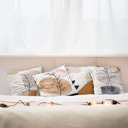 Ambesonne Minimal Throw Pillow Cushion Case Pack of 4, Modern Line Art Plants Leaves Branches with Abstract Watercolor Details, Modern Accent Double-Sided Digital Printing, 18", Rose Umber and Indigo