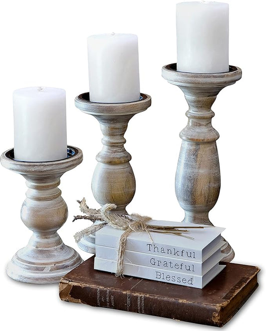Candle Holders for Pillar Candles, Wooden Candleholders Table Centerpiece, Pillar Candle Holders Set of 3, Wood Rustic Farmhouse Fireplace White