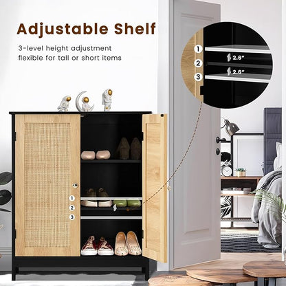 Iwell Storage Cabinet with Rattan Doors, Bathroom Storage Cabinet with Adjustable Shelf, Floor Cabinet for Living Room, Entryway, Kitchen, Home Office, Black