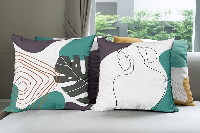 Ambesonne Minimal Throw Pillow Cushion Case Pack of 4, Modern Line Art Woman Portrait Contemporary Leafy Geometric Details, Modern Accent Double-Sided Digital Printing, 18", Teal Dark Purple Mustard
