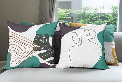 Ambesonne Minimal Throw Pillow Cushion Case Pack of 4, Modern Line Art Woman Portrait Contemporary Leafy Geometric Details, Modern Accent Double-Sided Digital Printing, 18", Teal Dark Purple Mustard