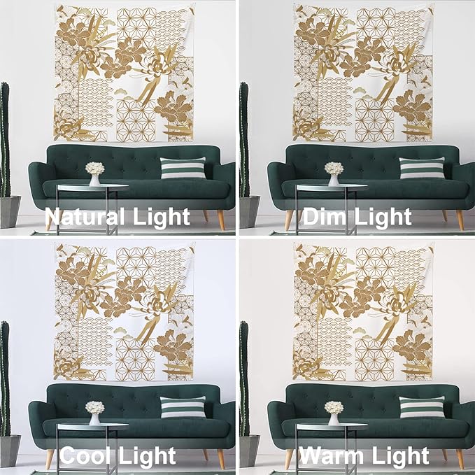 Batmerry Gold Japanese Floral Tapestry,Spring Wall Art Hanging Decoration Polyester Fiber White Ruffled Around for Dorm Room Bedroom Living Room, 59.1x59.1 inches